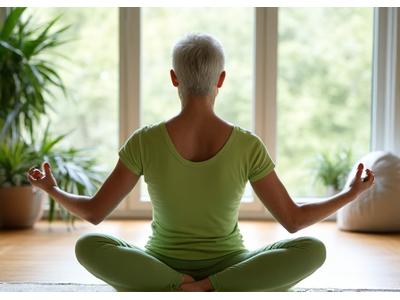 An individual performing gentle, modified exercise, such as seated yoga or resistance band work, in a bright, calming environment, emphasizing safety and accessibility.