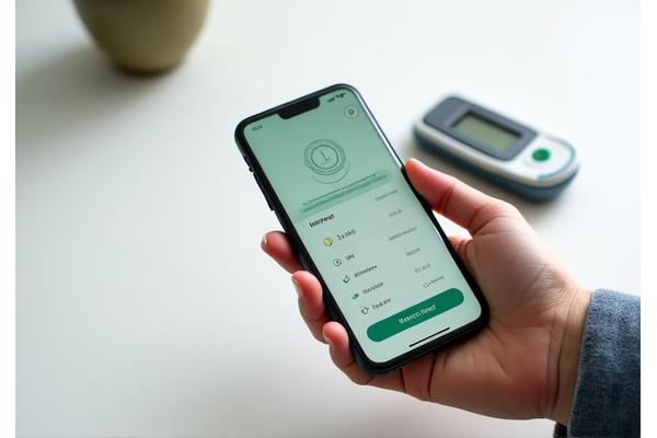 Close-up of a hand using a smartphone app to log blood sugar readings, with a glucometer nearby.