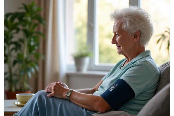 An older adult checking their blood pressure with a digital monitor while sitting calmly at home.