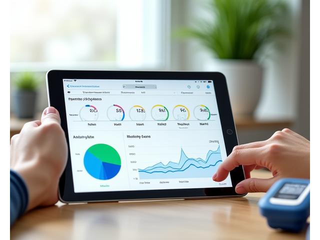 A clean, modern digital health dashboard displaying various metrics like blood pressure, glucose levels, heart rate, and activity, with interconnected devices like a smartwatch and a glucometer on a table.