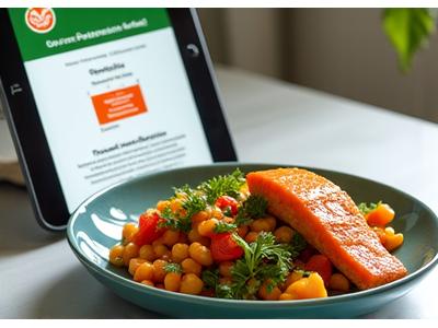 A balanced and colorful meal, possibly displayed on a tablet with a healthy recipe, emphasizing appetising, condition-friendly eating.