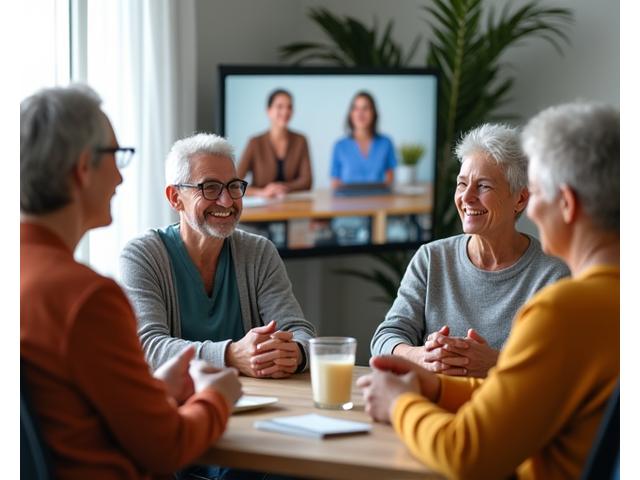 A diverse group of adults aged 35-60+ engaged in a supportive, empathetic discussion, possibly in a community meeting or a virtual call, showing connection and understanding.